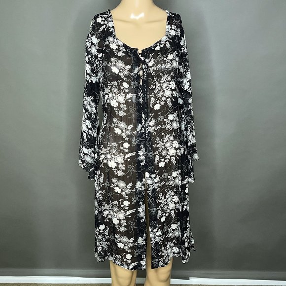 Angie Tunic Black/Flowers Laces up the Front Slits on the Sides/Front Size Small - Picture 5 of 16